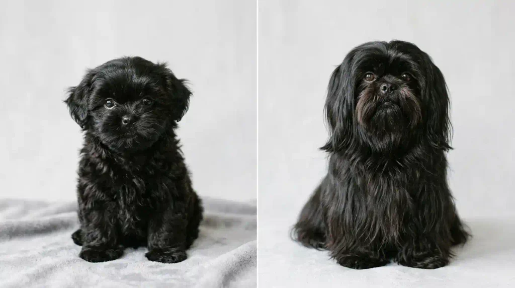 Black Shih Tzu puppy and adult shown in similar lighting to compare coat changes