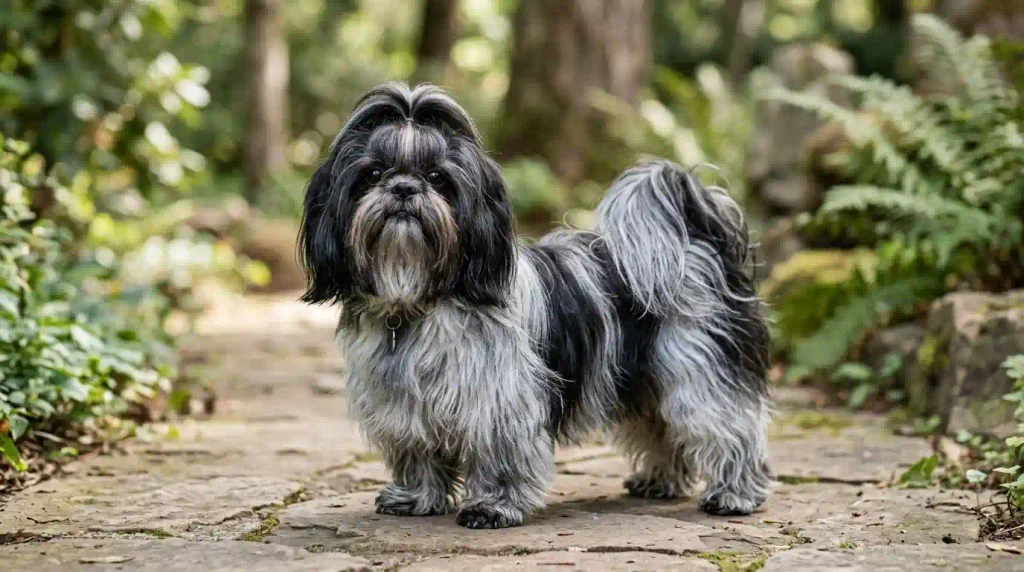 Black and grey Shih Tzu showing dark ears and silver-grey hair in natural light.