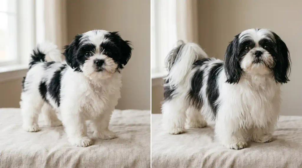 Black and white Shih Tzu puppy beside its adult appearance, showing how coat length changes the visible pattern