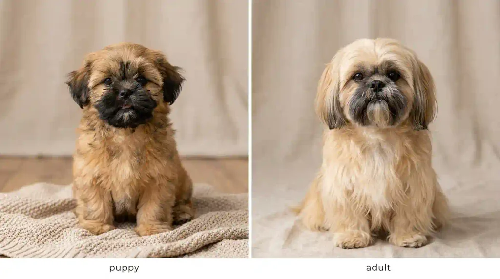 Black mask gold Shih Tzu as a puppy and adult showing a lighter gold coat and changing facial contrast.