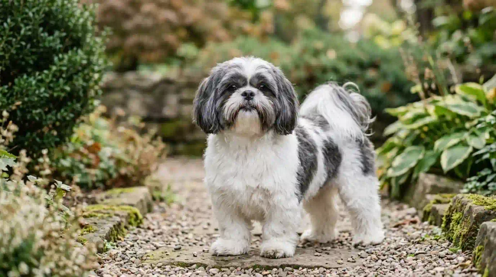 Blue and white Shih Tzu with slate-gray nose, dark coat patches, and white chest in natural light