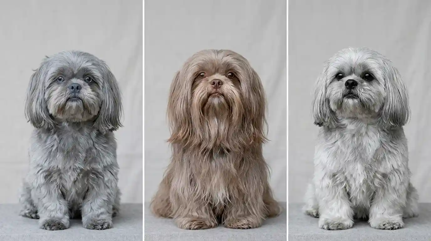 Blue-gray, lilac-gray, and silver-gray Shih Tzus compared in natural light