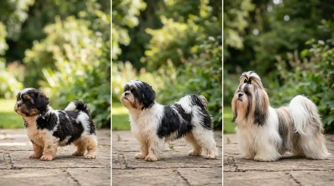 Brown black and white Shih Tzu puppy compared with its changing adult coat