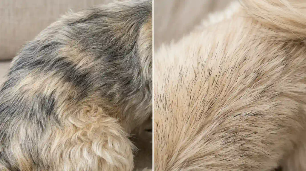 Close-up comparison of blue brindle Shih Tzu streaks and black-tipped Shih Tzu hair
