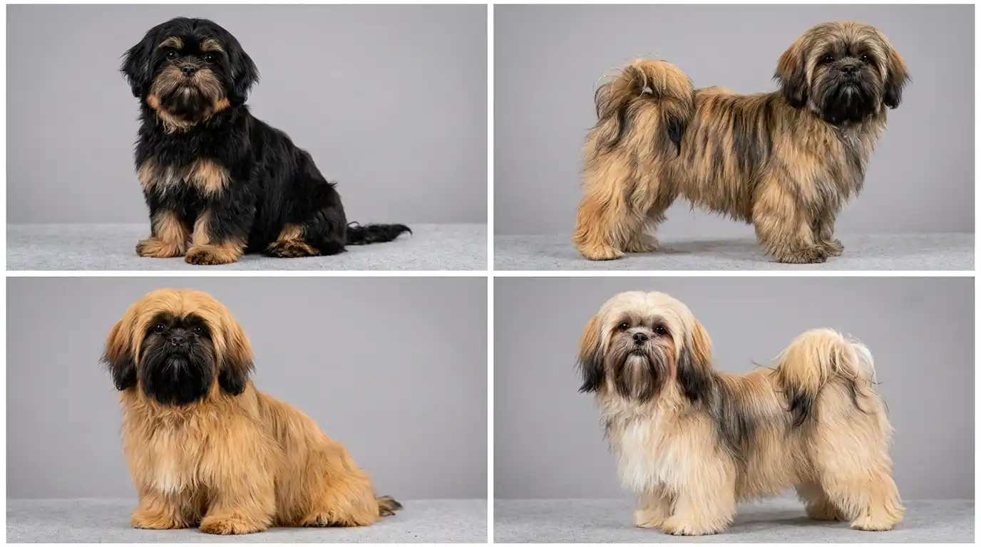 Comparison of black and brown Shih Tzu tan points, brindle streaks, black mask, and sable hair tips.