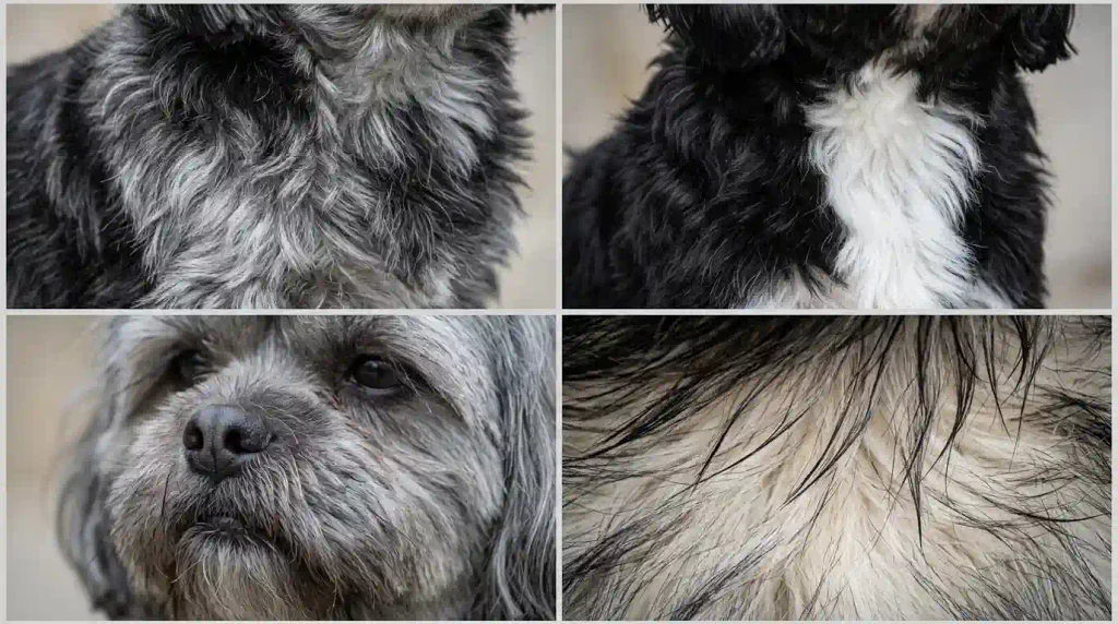 Comparison of black and grey Shih Tzu hair with white markings, blue-toned pigmentation, and dark-tipped fur.