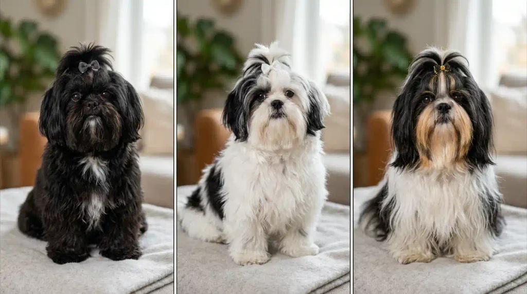Comparison of limited white markings, extensive black and white patches, and a three-color Shih Tzu coat