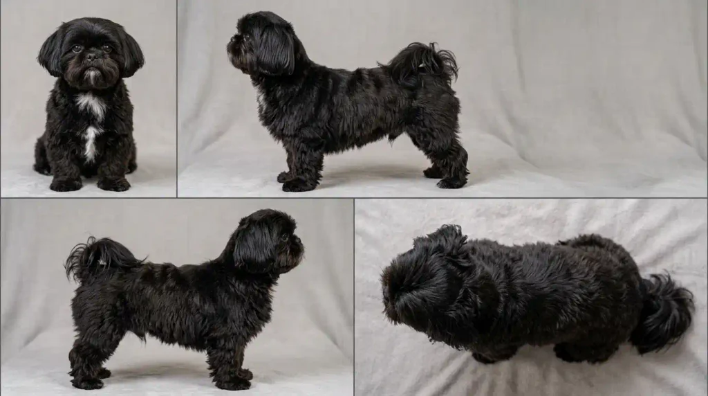 Daylight views of a mostly black Shih Tzu showing a small white chest marking