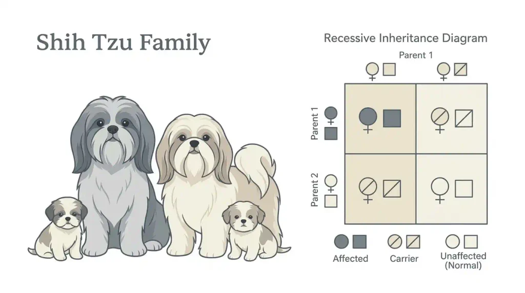 Example of recessive inheritance that could explain an albino Shih Tzu puppy from two unaffected carrier parents.
