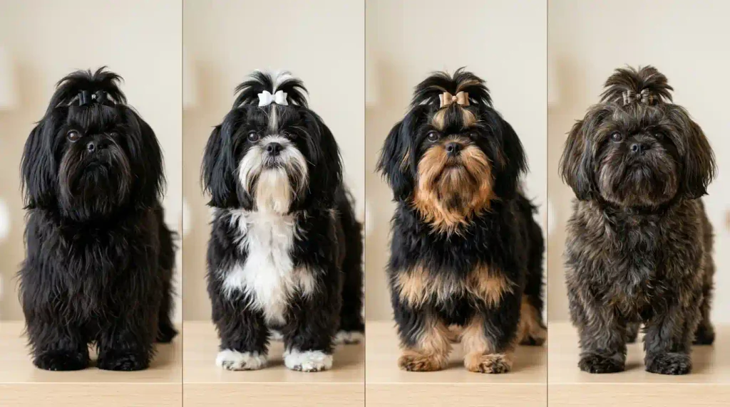 Four Shih Tzu coats compared solid black, black and white, black and tan, and dark brindle