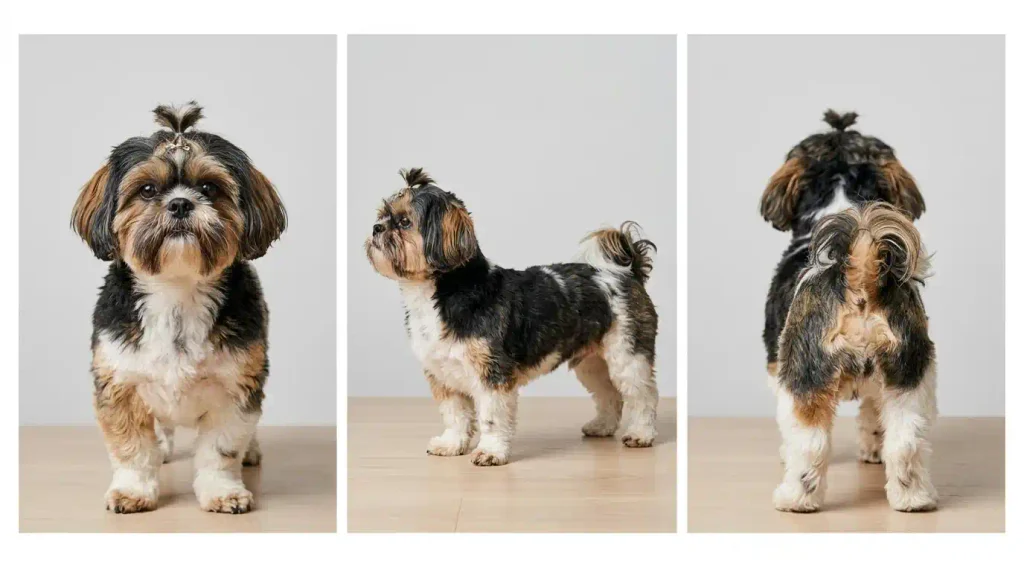 Front side and back views showing three colors on a Shih Tzu coat.