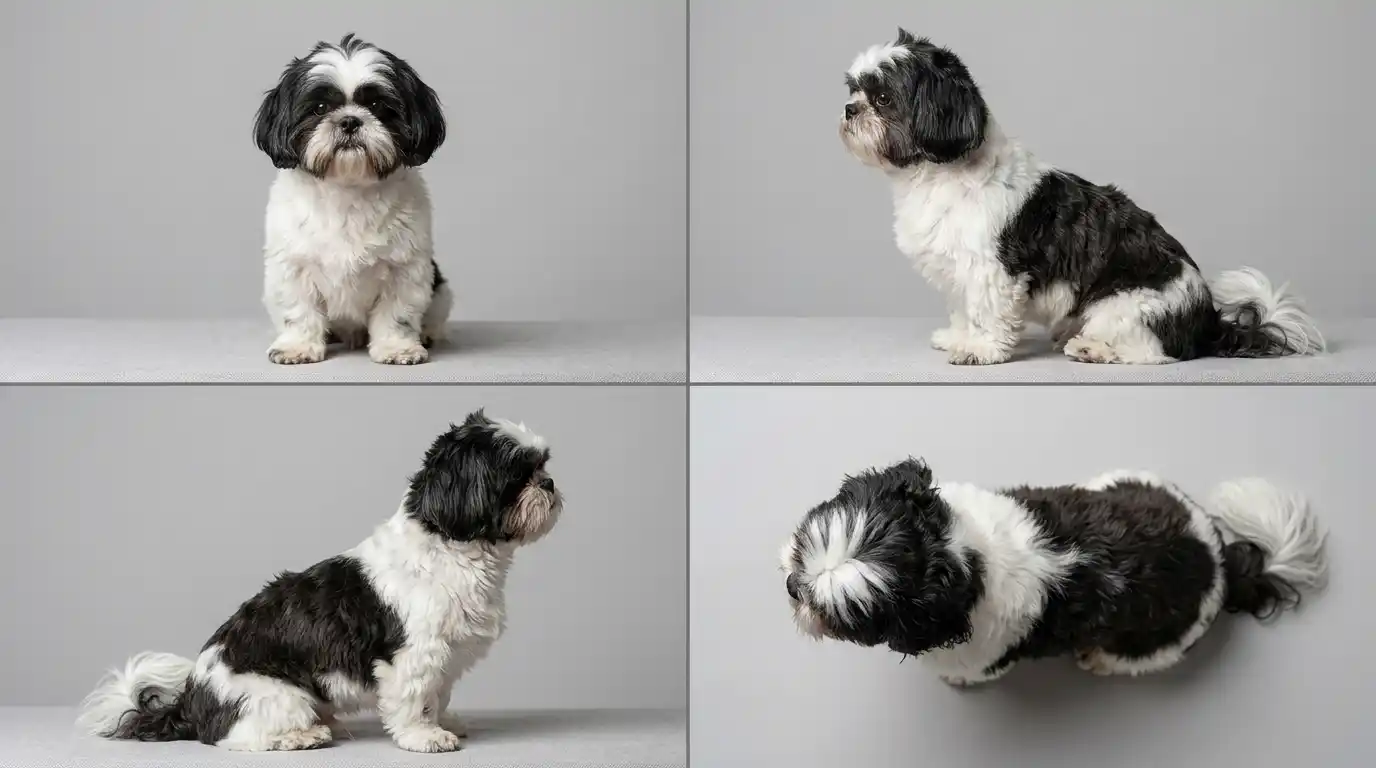 Front, side, and overhead views showing the black and white coat pattern on one Shih Tzu.