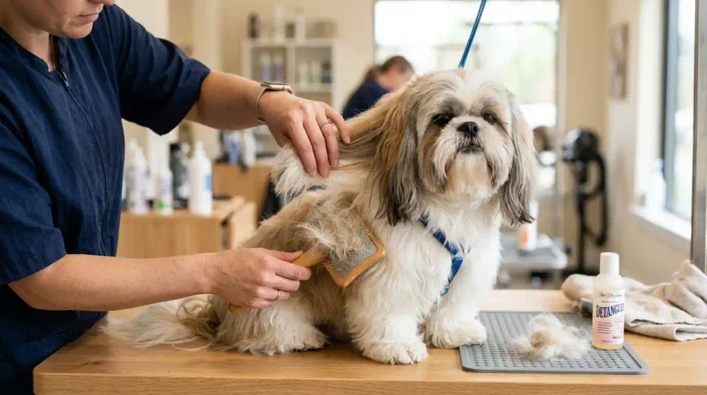 Groomer brushing a Shih Tzu’s double coat to remove loose hair during routine allergy-aware care