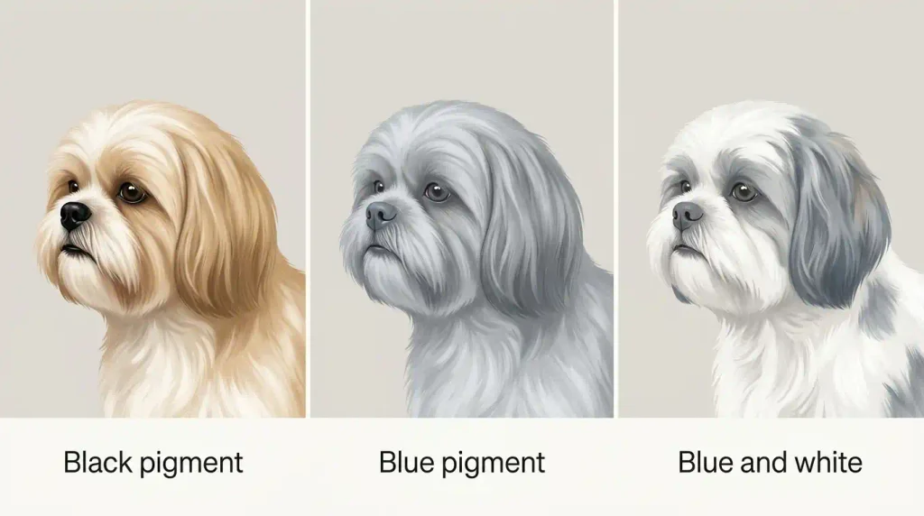 Illustration comparing black Shih Tzu pigment, diluted blue pigment, and blue pigment with white coat patches