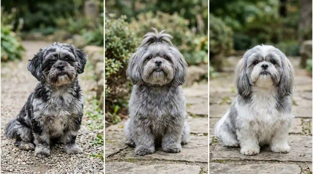 Merle-like patches compared with uniform blue-gray and silver-white Shih Tzu coats