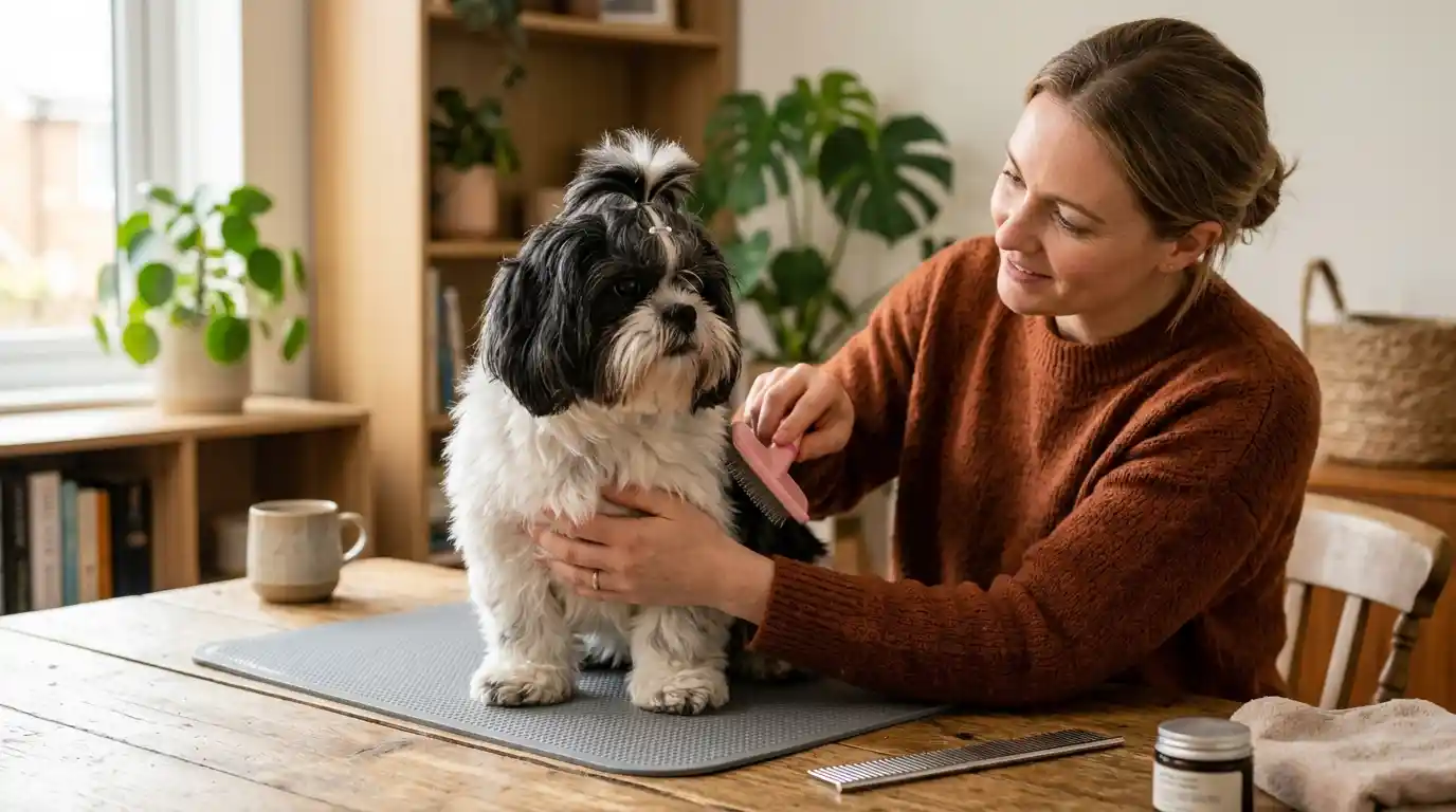 Owner brushing a black and white Shih Tzu in sections to prevent mats and keep facial hair tidy