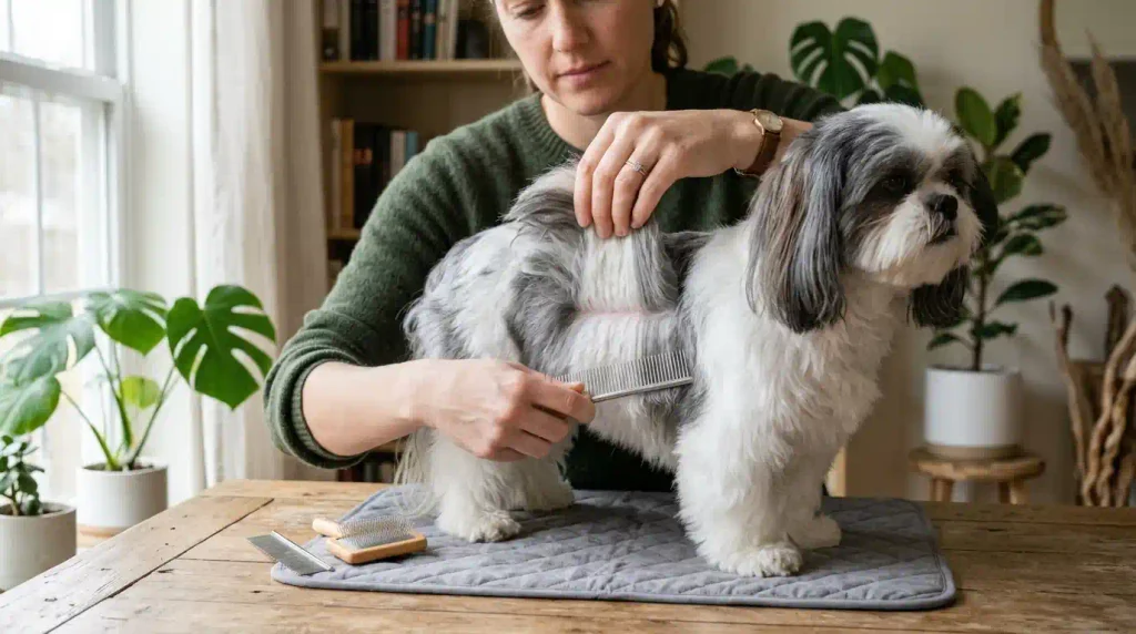 Owner brushing the double coat of a blue and white Shih Tzu in small sections