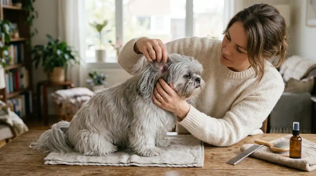 Owner checking a blue-gray Shih Tzu’s skin while brushing its coat