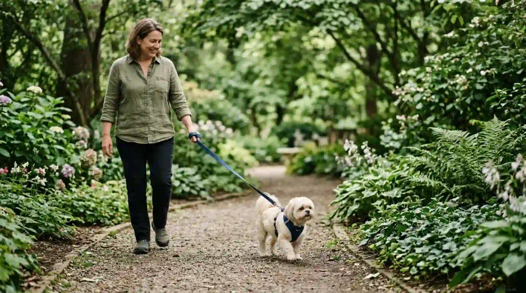 Pale Shih Tzu walking in shade with a harness to reduce bright-light discomfort and sun exposure.
