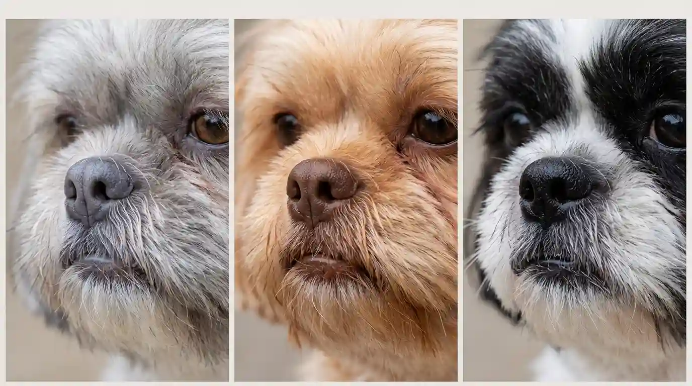Shih Tzu nose, lip, and eye-rim pigment examples for coat-color comparison
