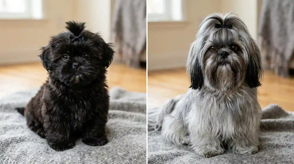 Shih Tzu puppy and adult showing how black coat areas may appear silver-grey as the dog matures