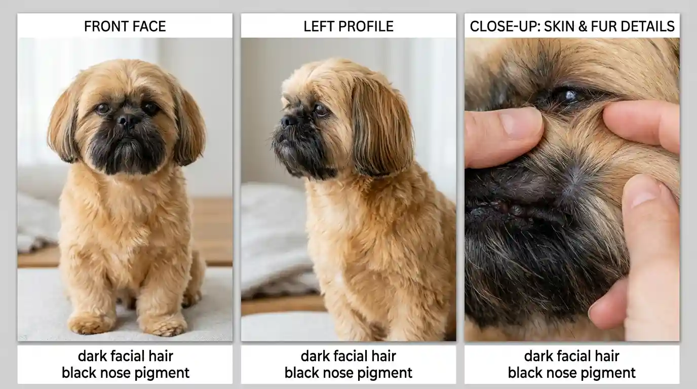 Three views showing black facial hair on a black mask gold Shih Tzu, separate from its black nose