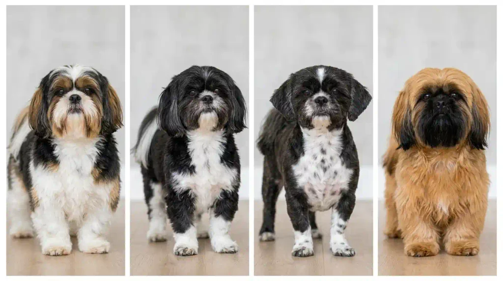 Tricolor Shih Tzu compared with black and white, brindle and black mask coats