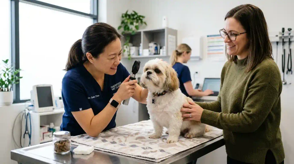 Veterinarian examining a Shih Tzu's eyes during a routine health assessment.