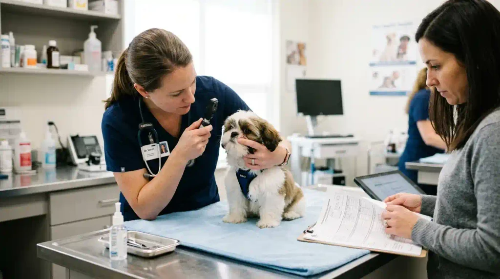Veterinarian examining a pale Shih Tzu puppy's eyes and pigmentation before an adoption decision