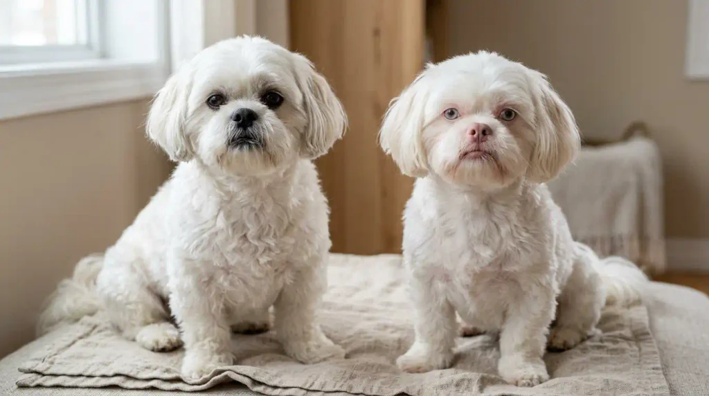 White Shih Tzu and pale-pigmented Shih Tzu shown side by side to compare nose and eye-rim pigmentation