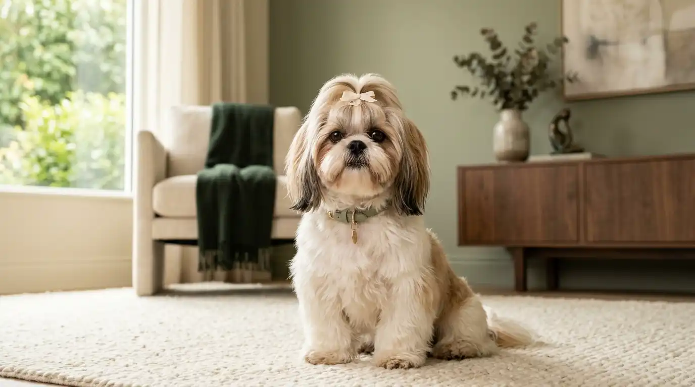 White and tan Shih Tzu dog sitting in a warm, comfortable home